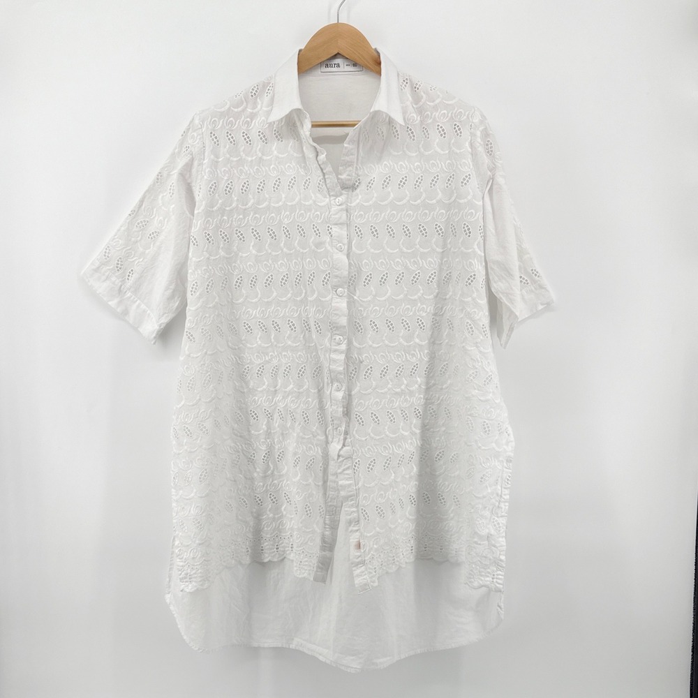 Aura White Eyelet Embroidered Tunic Top Shirt Dress XL Cotton Blend Button Up‎